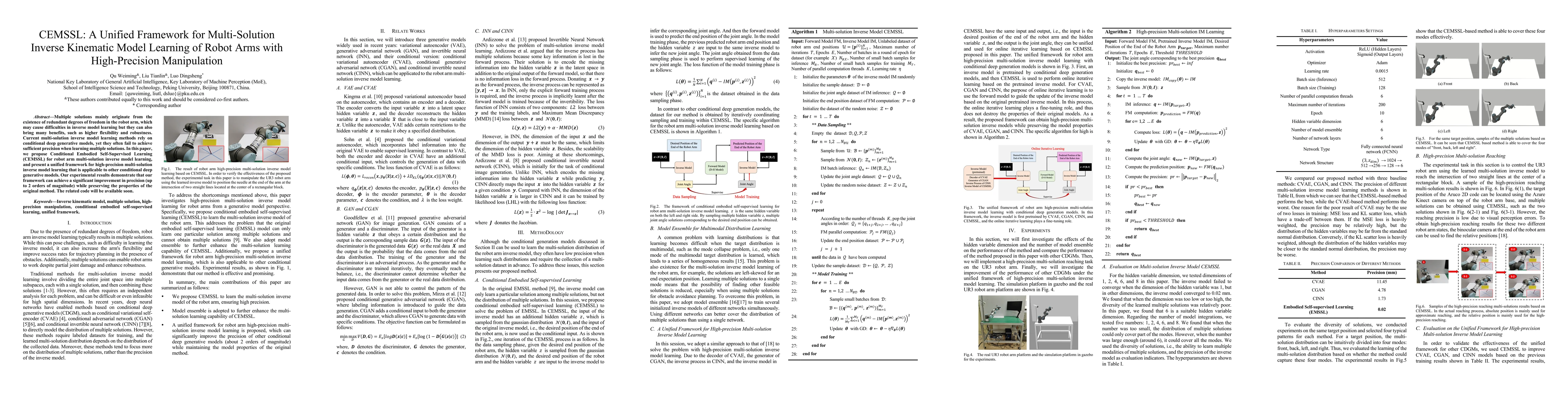 Thumbnail for CEMSSL: A Unified Framework for Multi-Solution Inverse Kinematic Model
  Learning of Robot Arms with High-Precision Manipulation