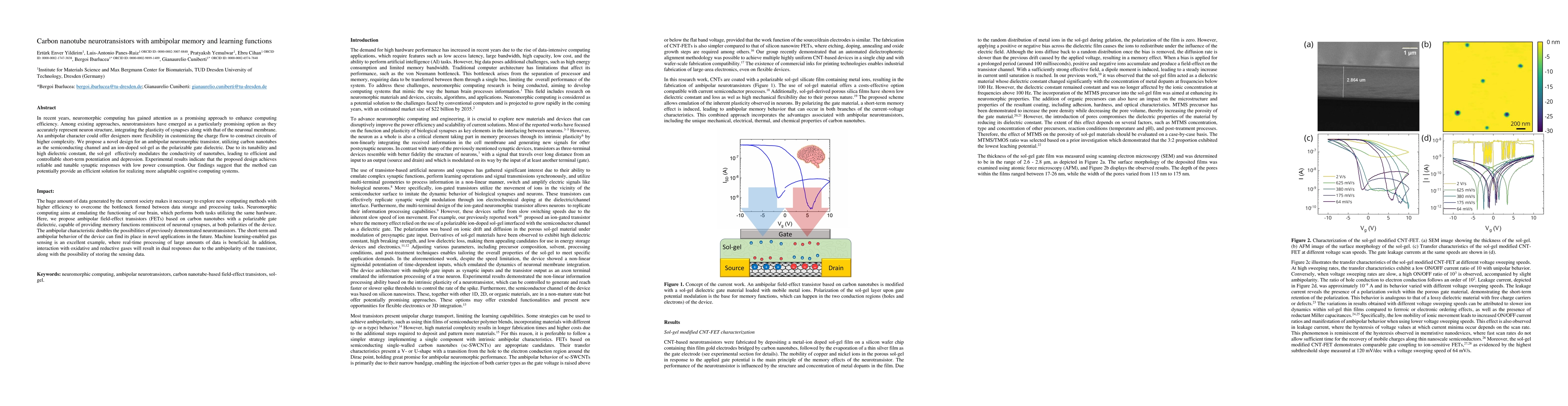 Thumbnail for Carbon nanotube neurotransistors with ambipolar memory and learning
  functions