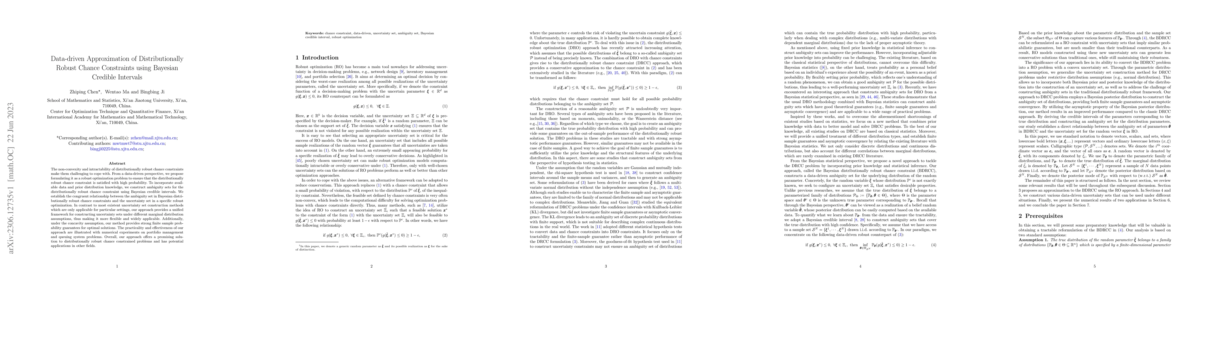 Thumbnail for Data-driven Approximation of Distributionally Robust Chance Constraints
  using Bayesian Credible Intervals