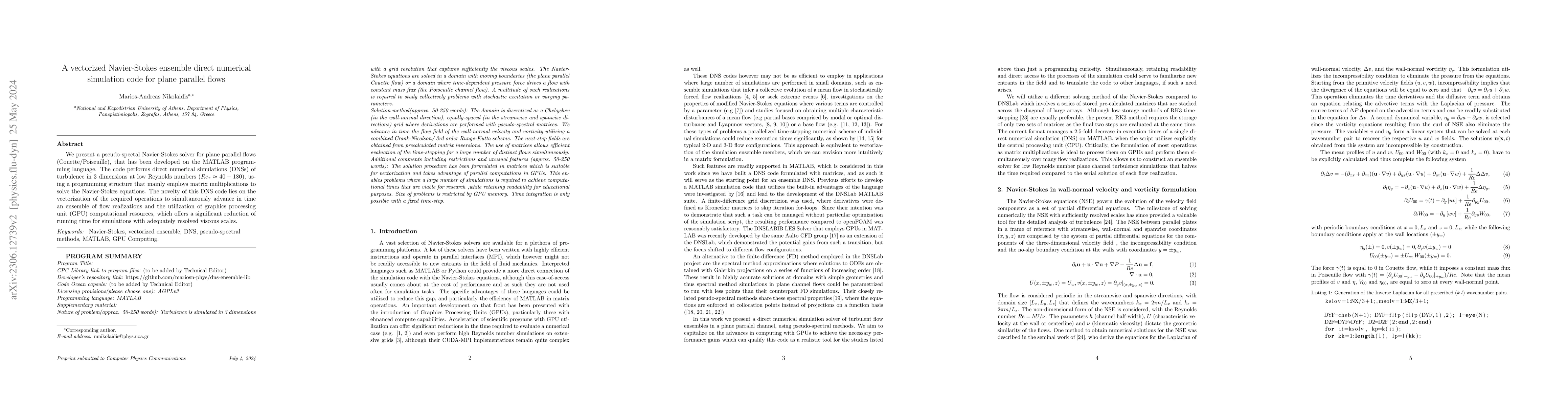 Thumbnail for A vectorized Navier-Stokes ensemble direct numerical simulation code for
  plane parallel flows
