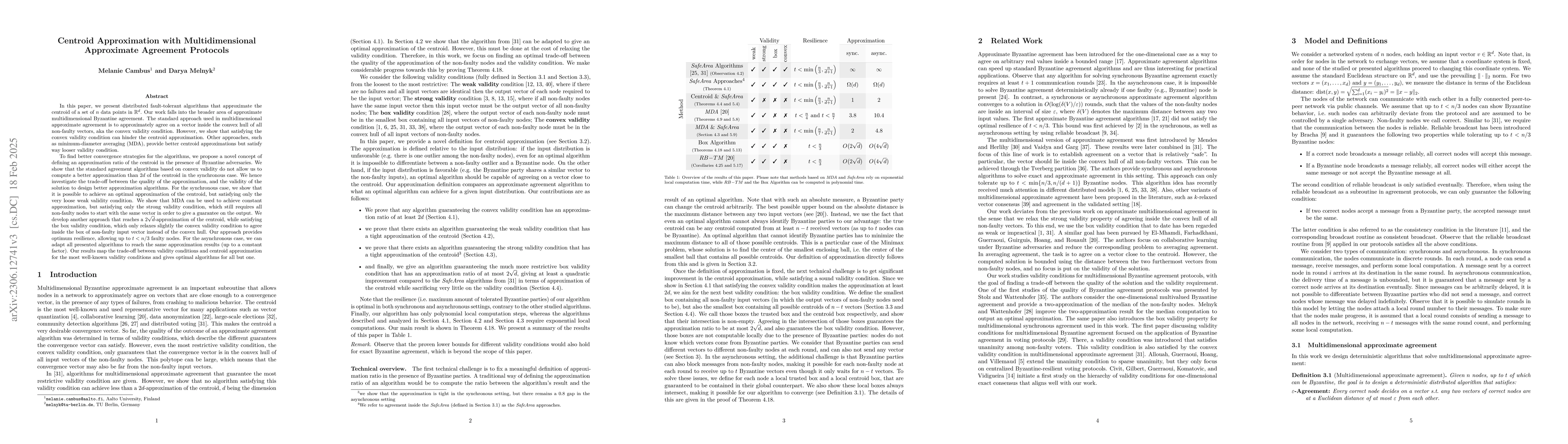 Thumbnail for Improved Solutions for Multidimensional Approximate Agreement via
  Centroid Computation