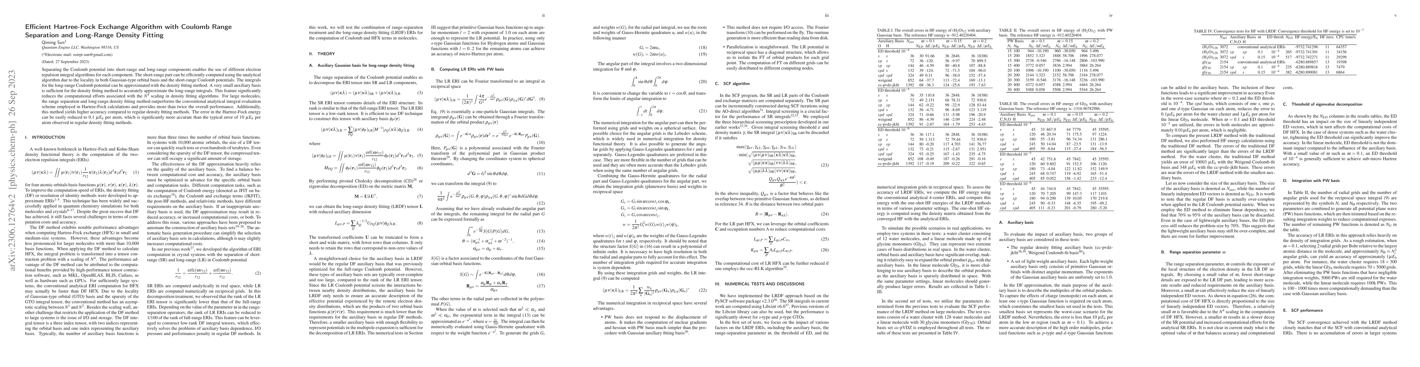 Thumbnail for Efficient Hartree-Fock Exchange Algorithm with Coulomb Range Separation
  and Long-Range Density Fitting