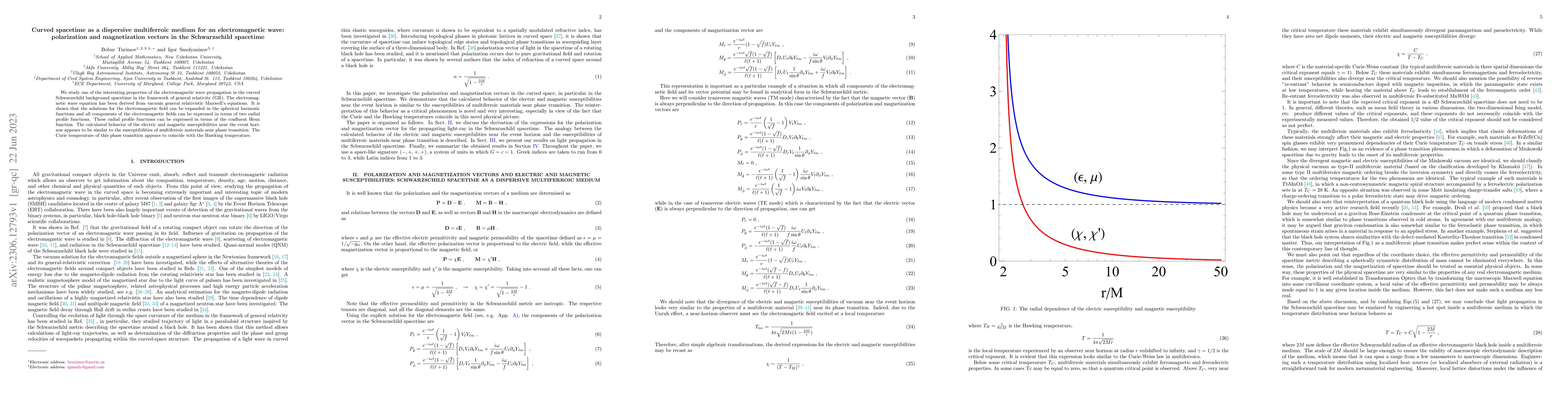 Thumbnail for Curved spacetime as a dispersive multiferroic medium for an
  electromagnetic wave: polarization and magnetization vectors in the
  Schwarzschild spacetime