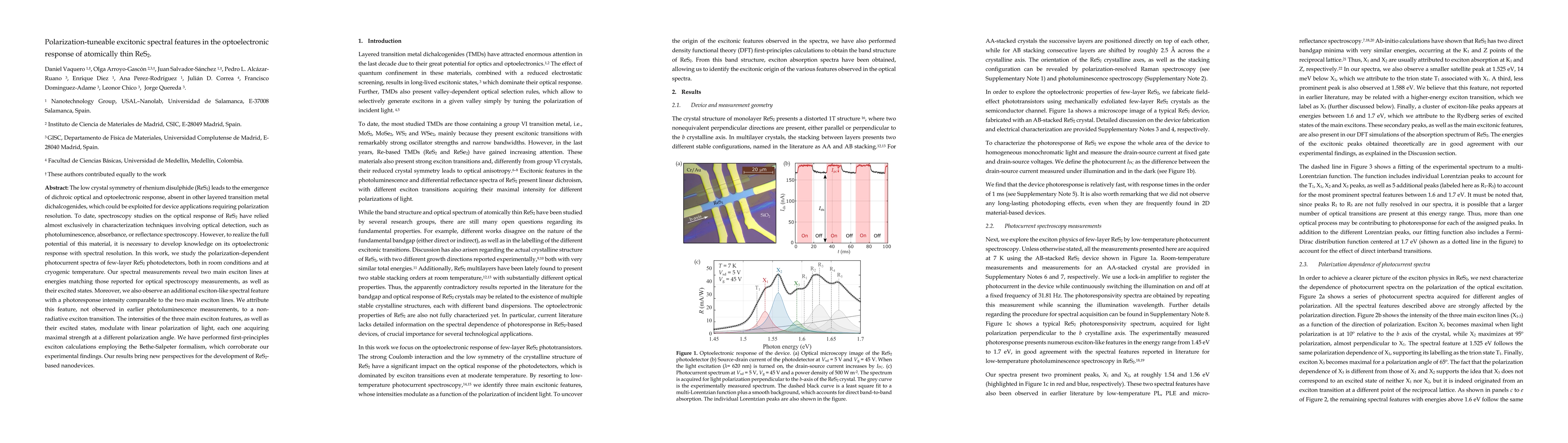 Thumbnail for Polarization-tuneable excitonic spectral features in the optoelectronic
  response of atomically thin ReS2