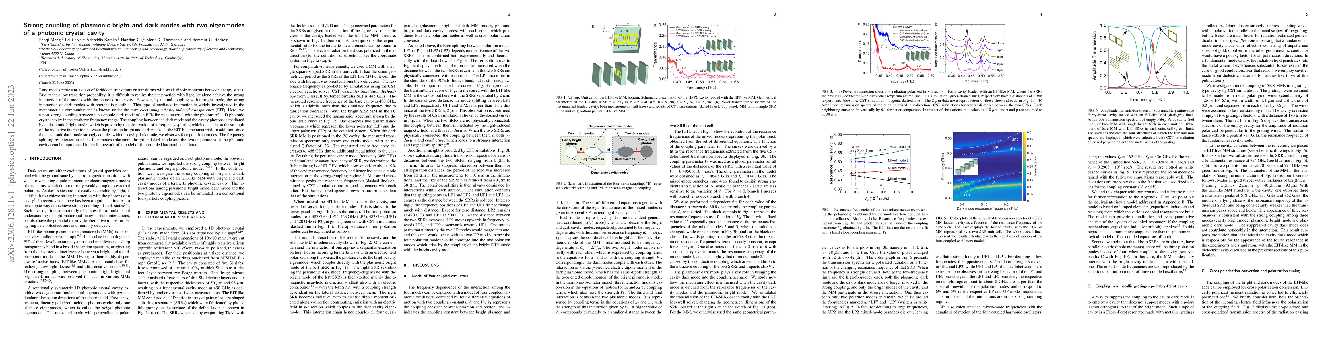 Thumbnail for Strong coupling of plasmonic bright and dark modes with two eigenmodes
  of a photonic crystal cavity