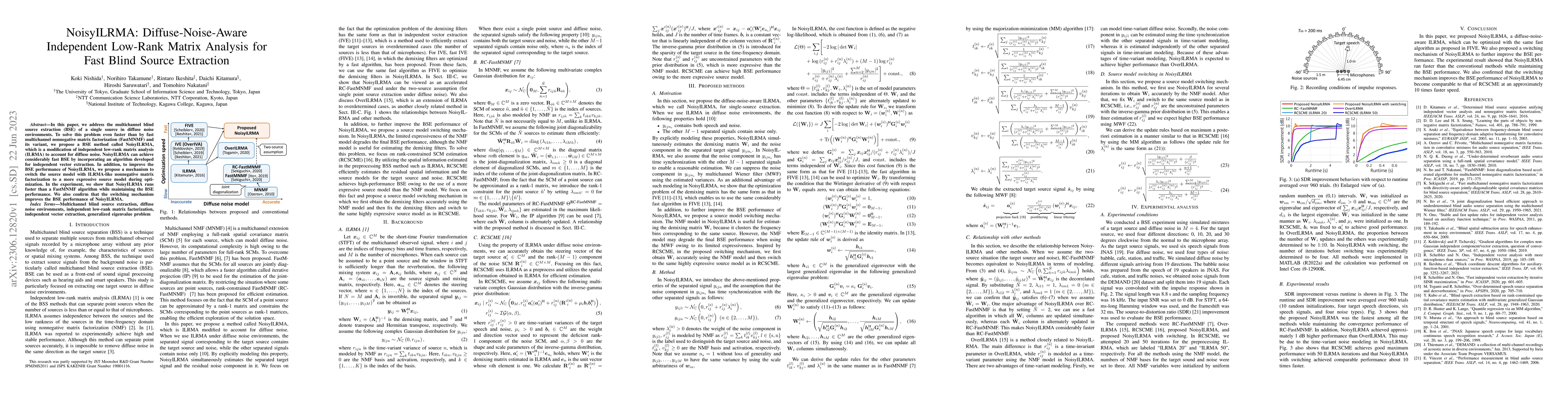 Thumbnail for NoisyILRMA: Diffuse-Noise-Aware Independent Low-Rank Matrix Analysis for
  Fast Blind Source Extraction