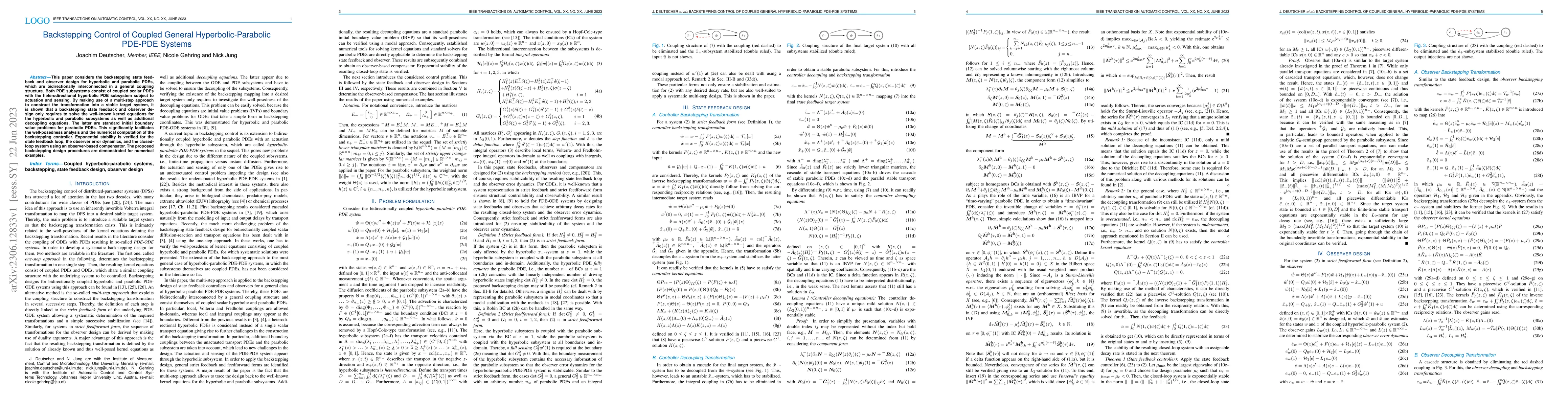 Thumbnail for Backstepping Control of Coupled General Hyperbolic-Parabolic PDE-PDE
  Systems