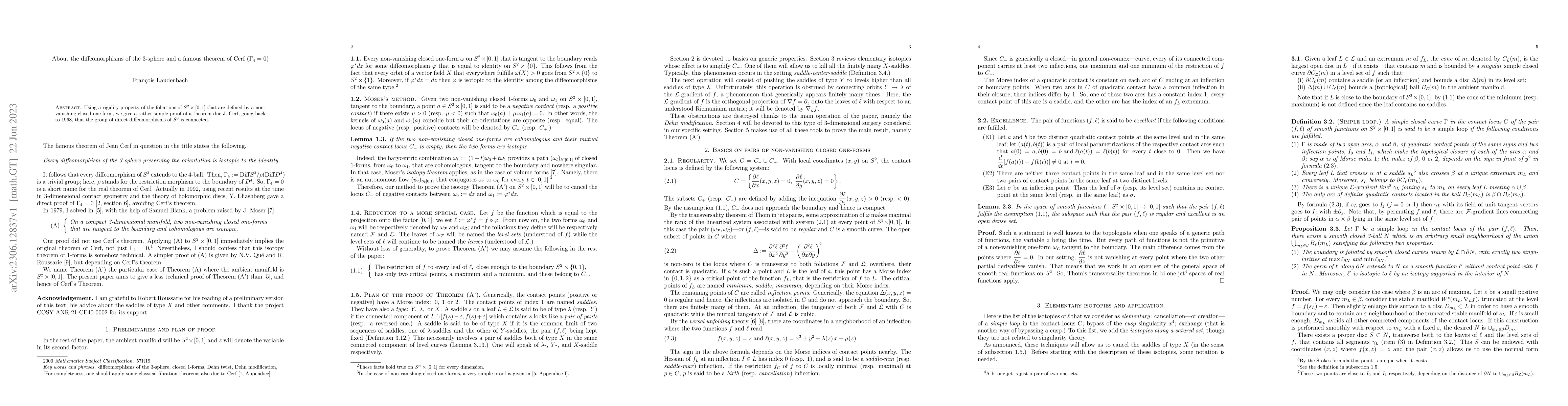 Thumbnail for About the diffeomorphisms of the 3-sphere and a famous theorem of Cerf
  ($\Gamma_4 = 0$)