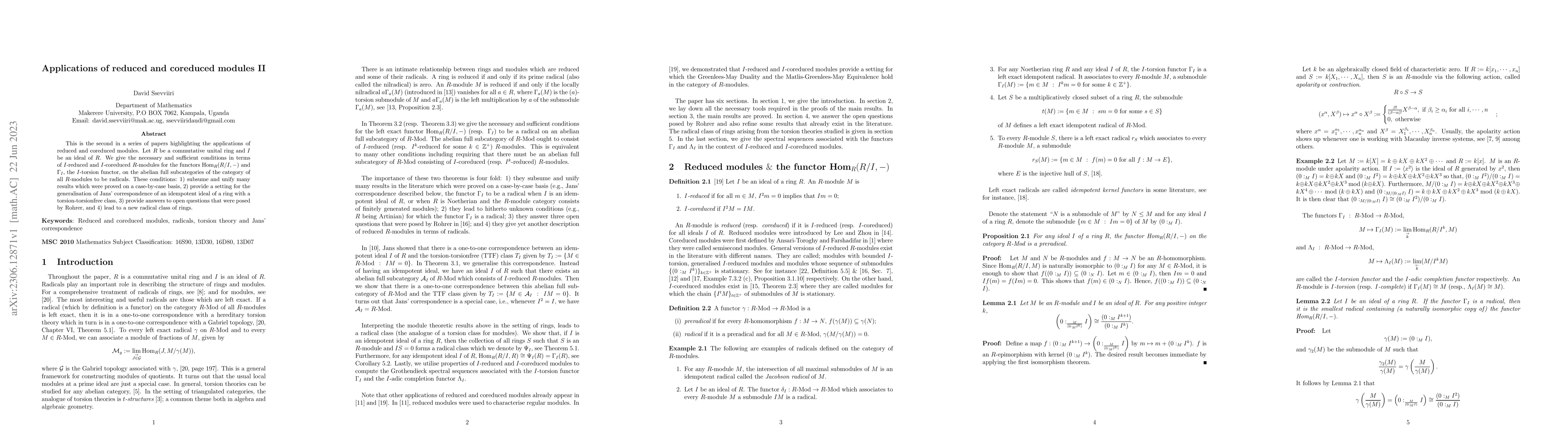 Thumbnail for Applications of reduced and coreduced modules II