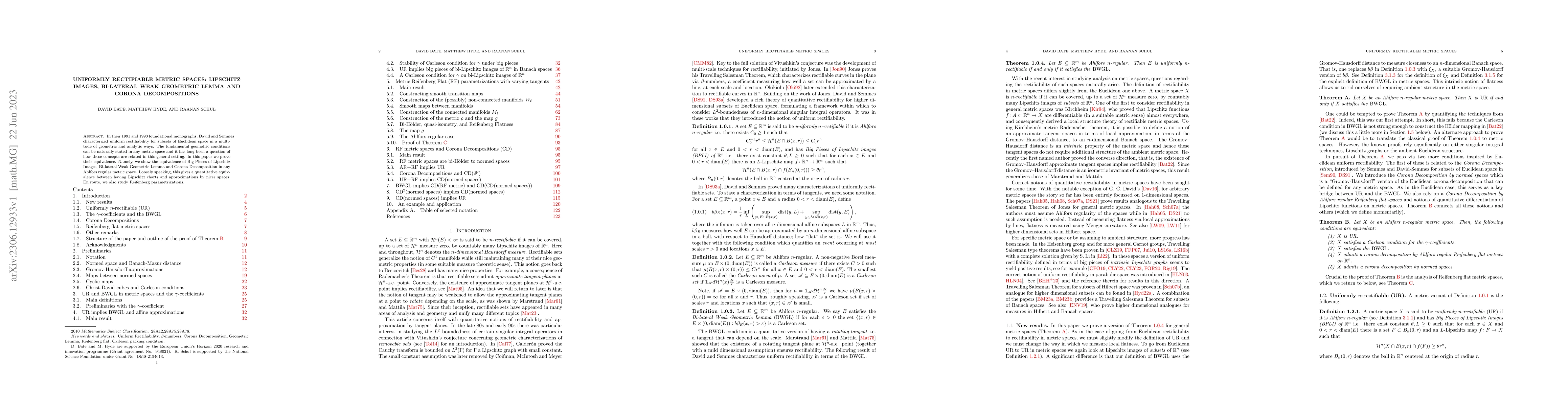 Thumbnail for Uniformly rectifiable metric spaces: Lipschitz images, Bi-Lateral Weak
  Geometric Lemma and Corona Decompositions