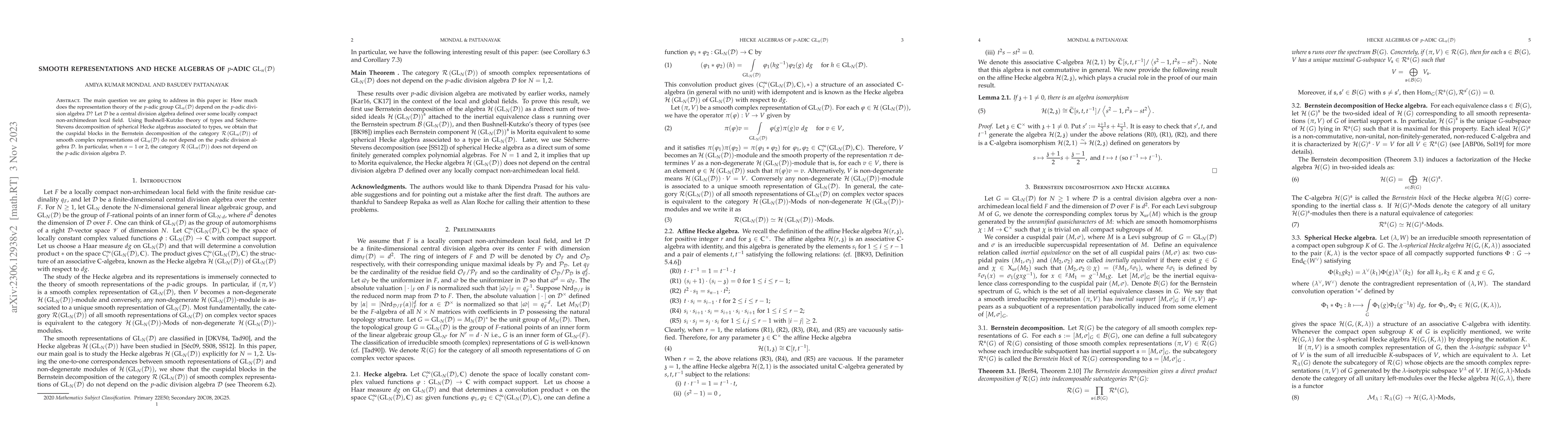 Thumbnail for Smooth representations and Hecke algebras of $p$-adic
  $\mathrm{GL}_n(\mathcal{D})$