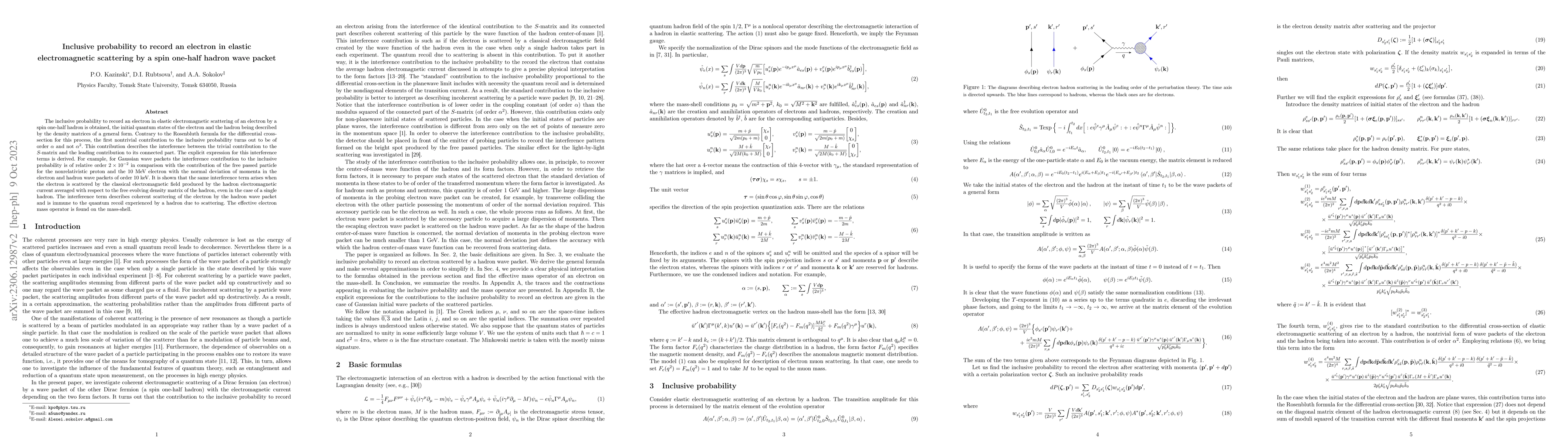 Thumbnail for Inclusive probability to record an electron in elastic electromagnetic
  scattering by a spin one-half hadron wave packet