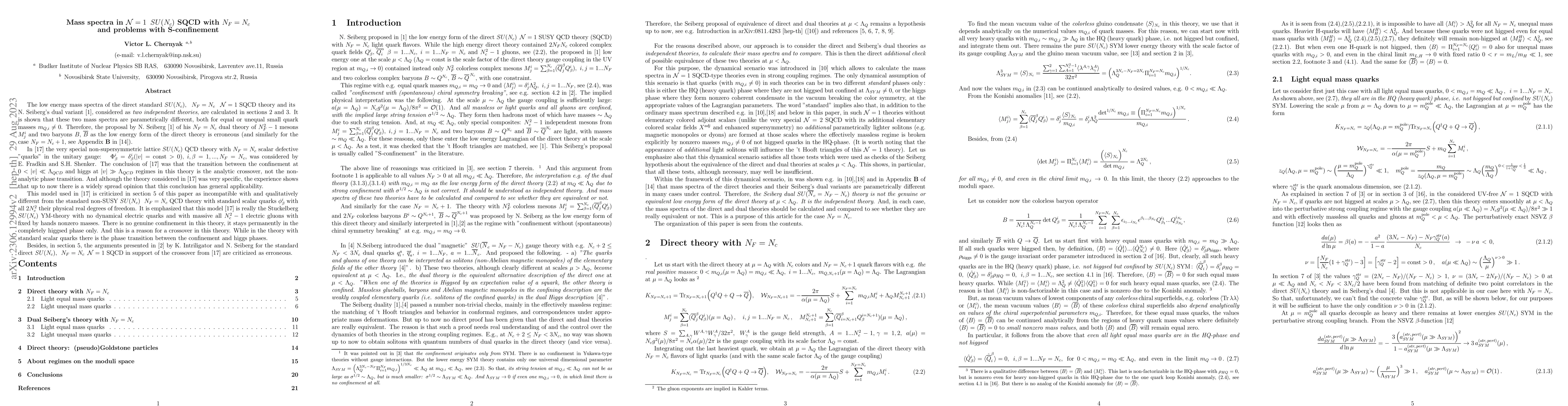 Thumbnail for Mass spectra in ${\cal N}=1\, SU(N_c)$ SQCD with $N_F=N_c$ and problems
  with S-confinement