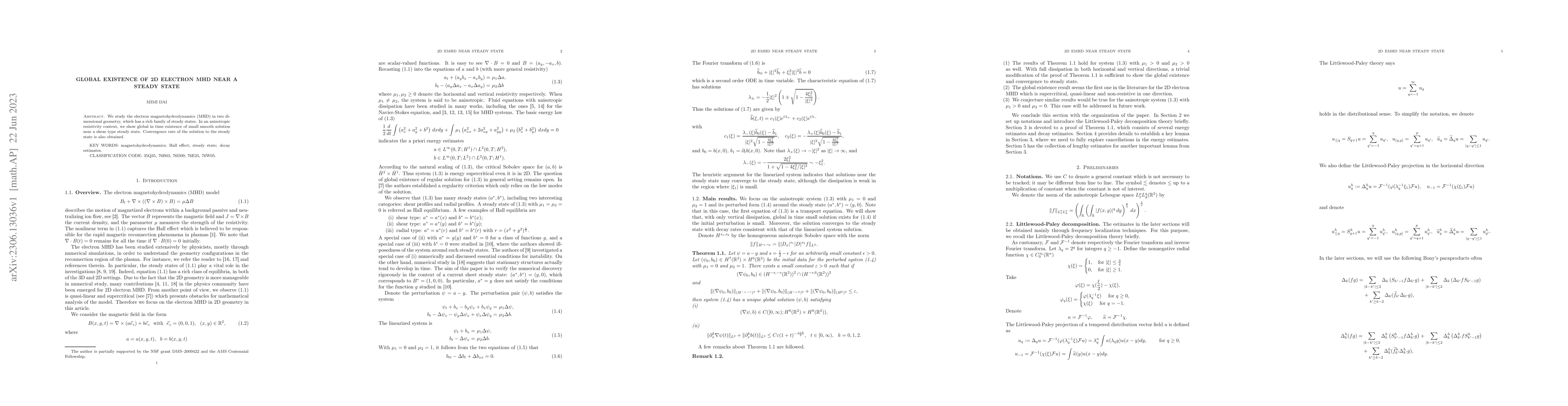 Thumbnail for Global existence of 2D electron MHD near a steady state