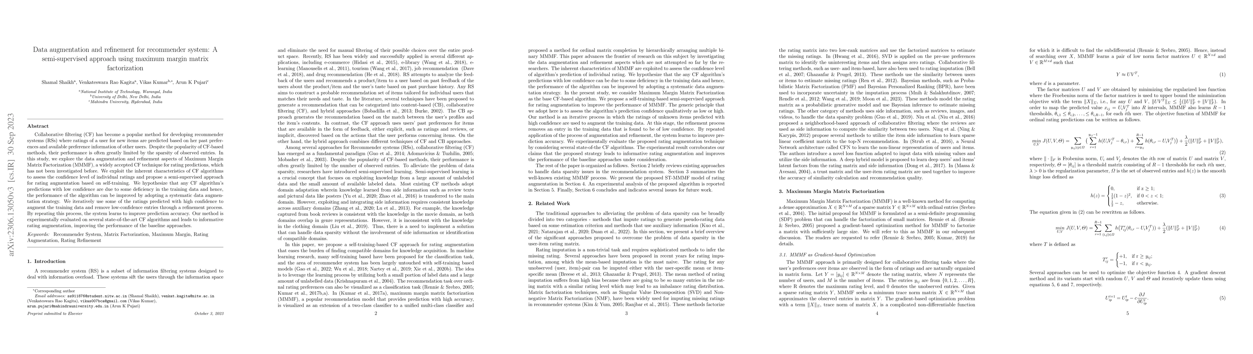 Thumbnail for Data augmentation and refinement for recommender system: A
  semi-supervised approach using maximum margin matrix factorization