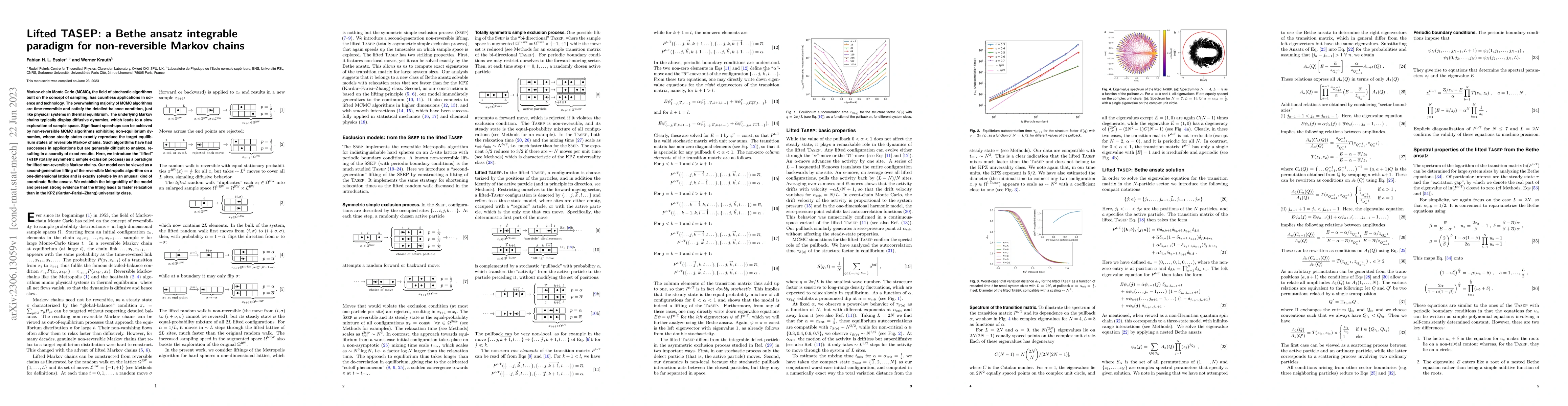 Thumbnail for Lifted TASEP: a Bethe ansatz integrable paradigm for non-reversible
  Markov chains