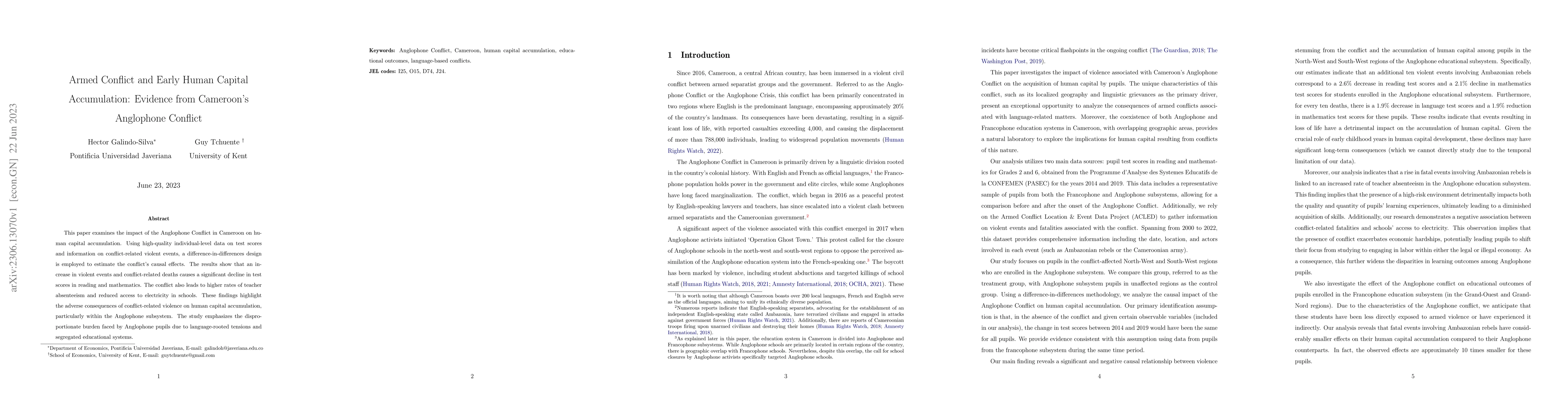 Thumbnail for Armed Conflict and Early Human Capital Accumulation: Evidence from
  Cameroon's Anglophone Conflict
