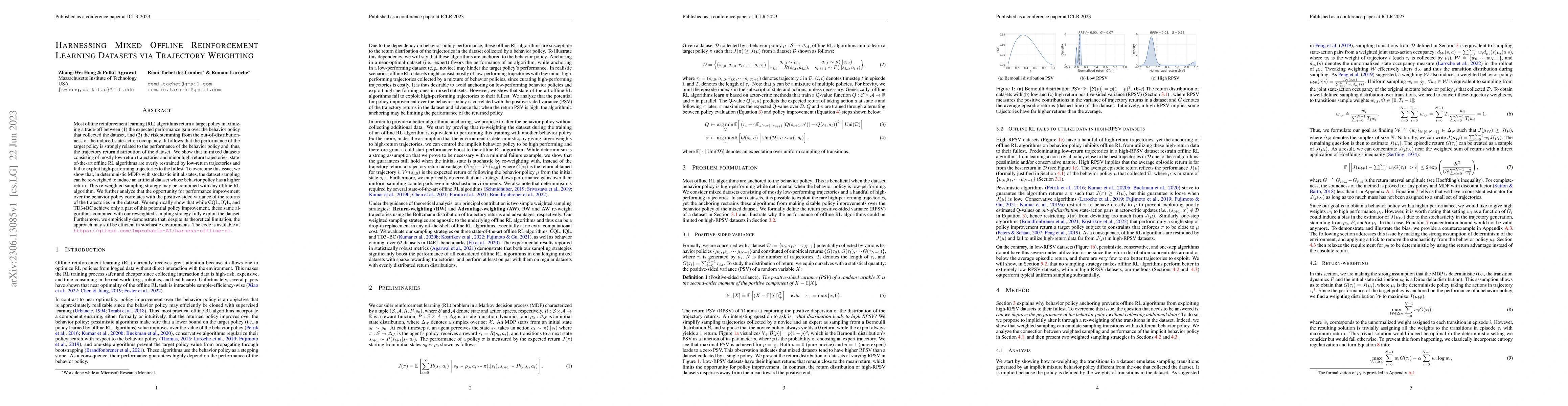 Thumbnail for Harnessing Mixed Offline Reinforcement Learning Datasets via Trajectory
  Weighting