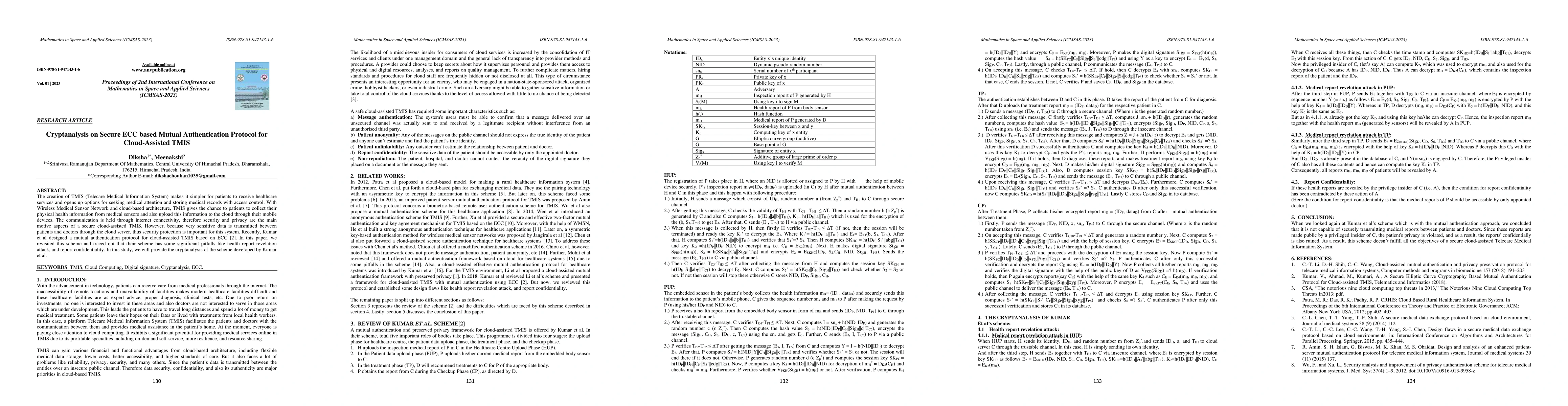Thumbnail for Cryptanalysis on Secure ECC based Mutual Authentication Protocol for
  Cloud-Assisted TMIS