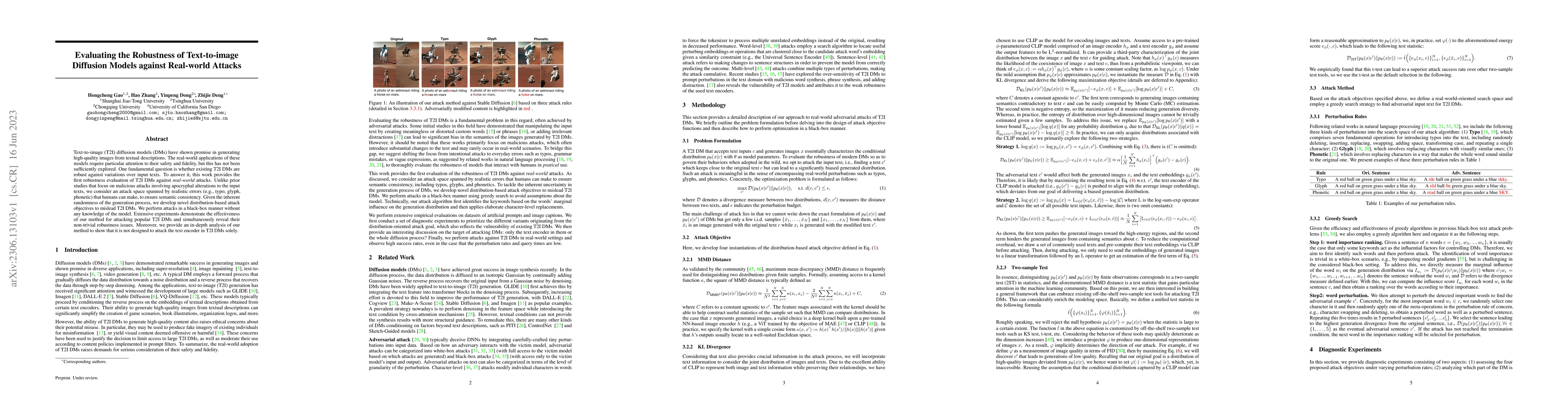 Thumbnail for Evaluating the Robustness of Text-to-image Diffusion Models against
  Real-world Attacks