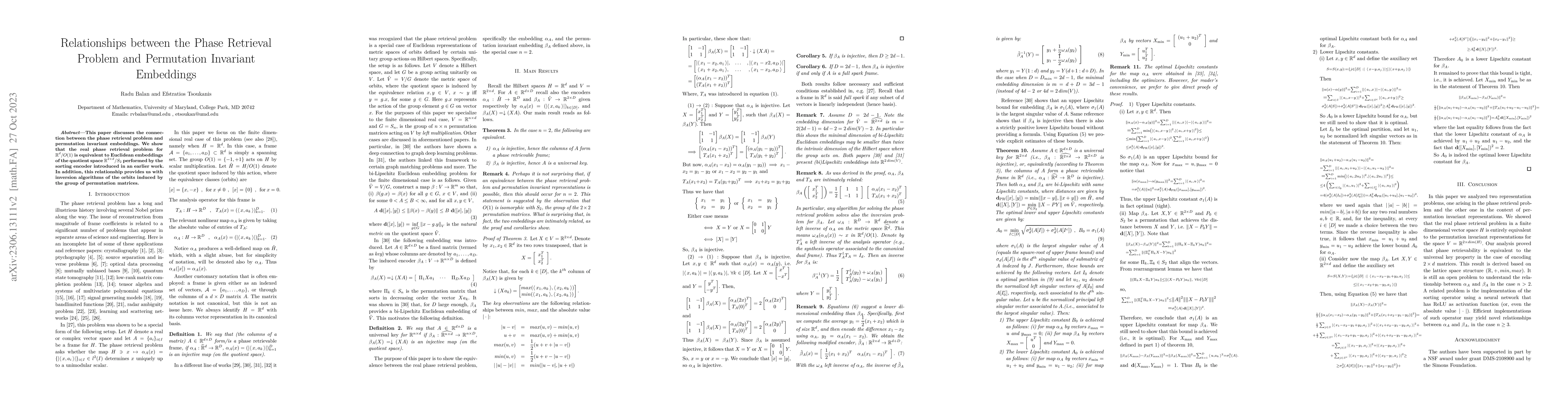 Thumbnail for Relationships between the Phase Retrieval Problem and Permutation
  Invariant Embeddings