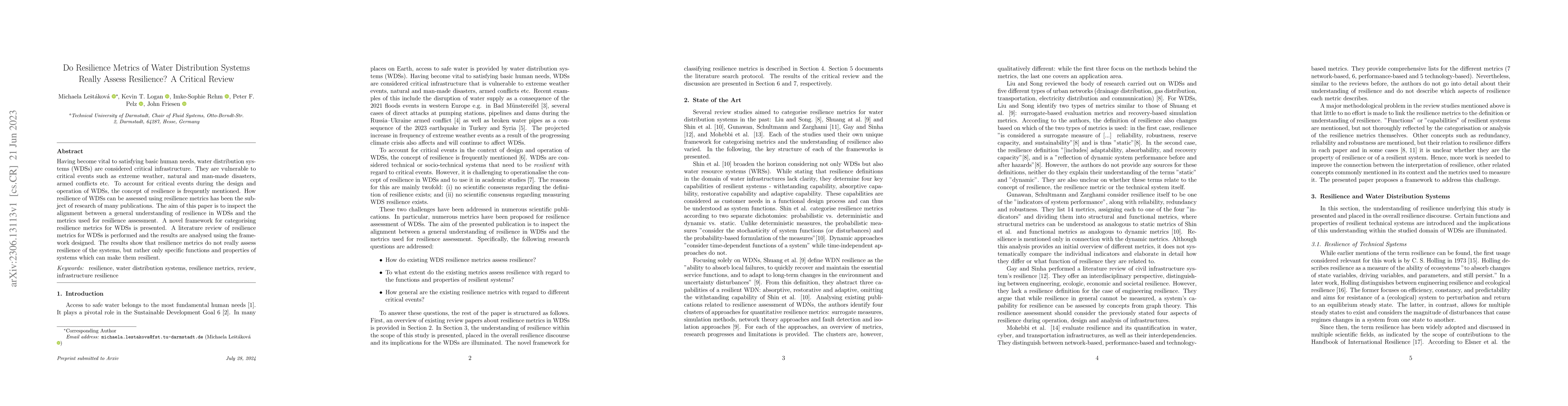 Thumbnail for Do Resilience Metrics of Water Distribution Systems Really Assess
  Resilience? A Critical Review