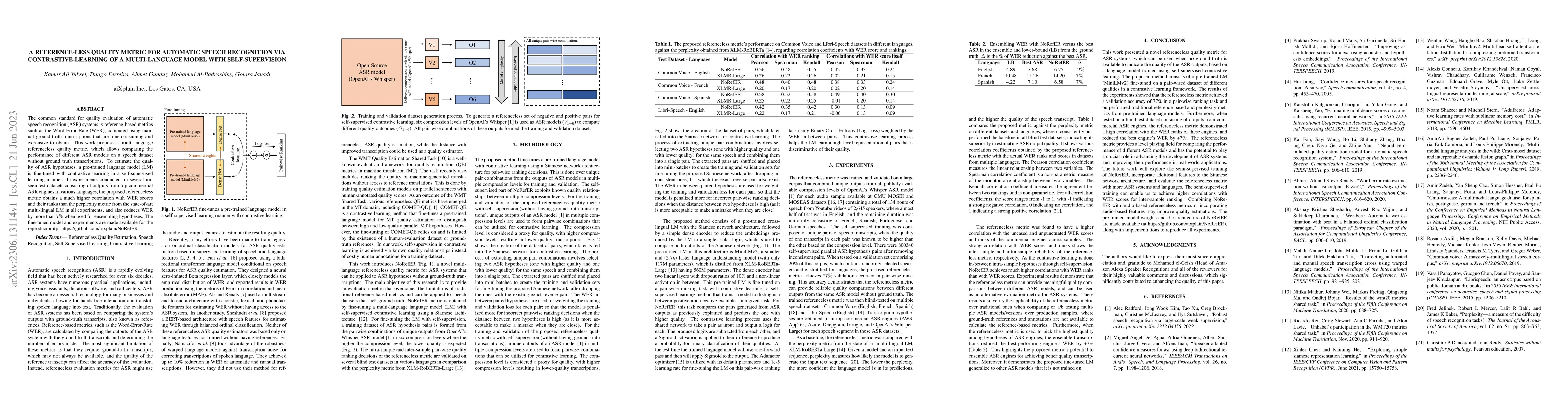 Thumbnail for A Reference-less Quality Metric for Automatic Speech Recognition via
  Contrastive-Learning of a Multi-Language Model with Self-Supervision