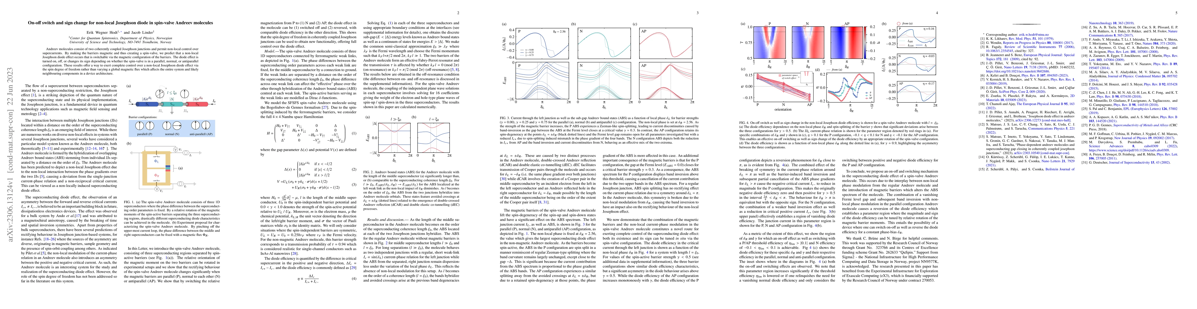 Thumbnail for On-off switch and sign change for non-local Josephson diode in
  spin-valve Andreev molecules