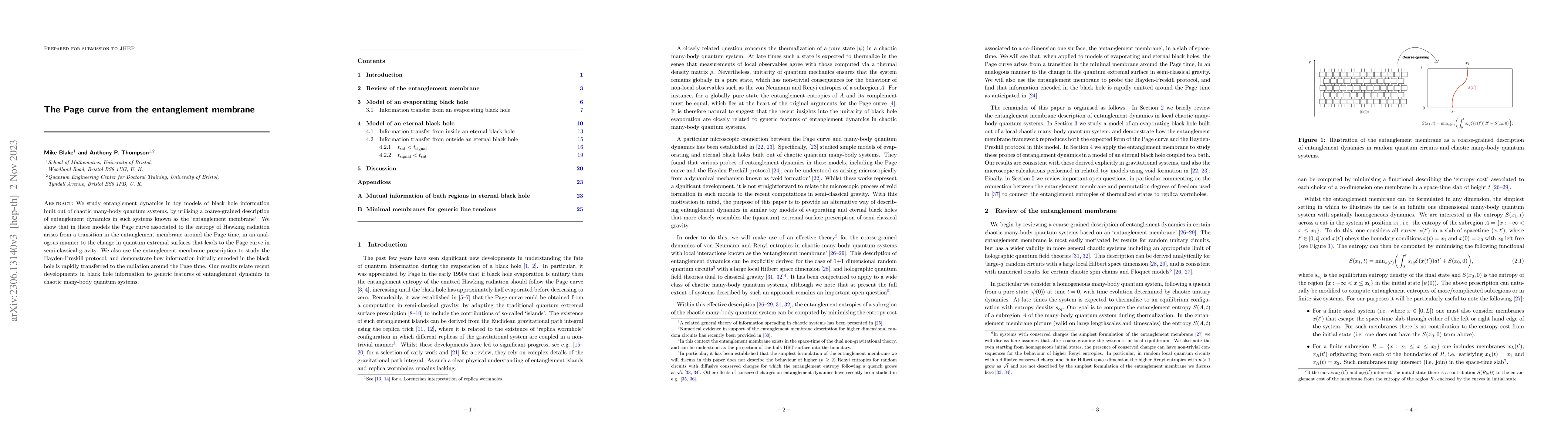 Thumbnail for The Page curve from the entanglement membrane
