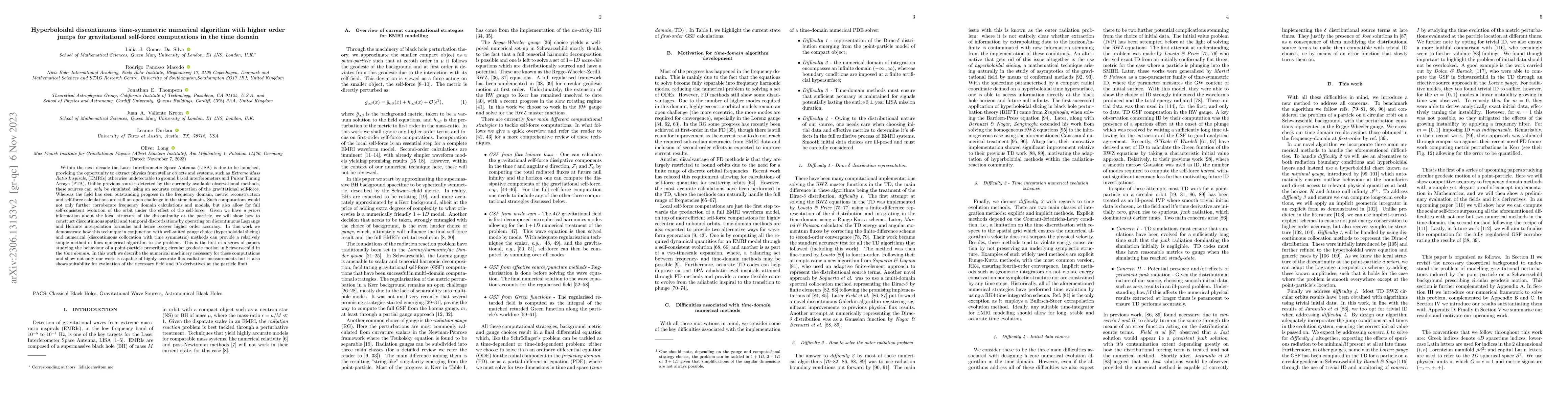Thumbnail for Hyperboloidal discontinuous time-symmetric numerical algorithm with
  higher order jumps for gravitational self-force computations in the time
  domain