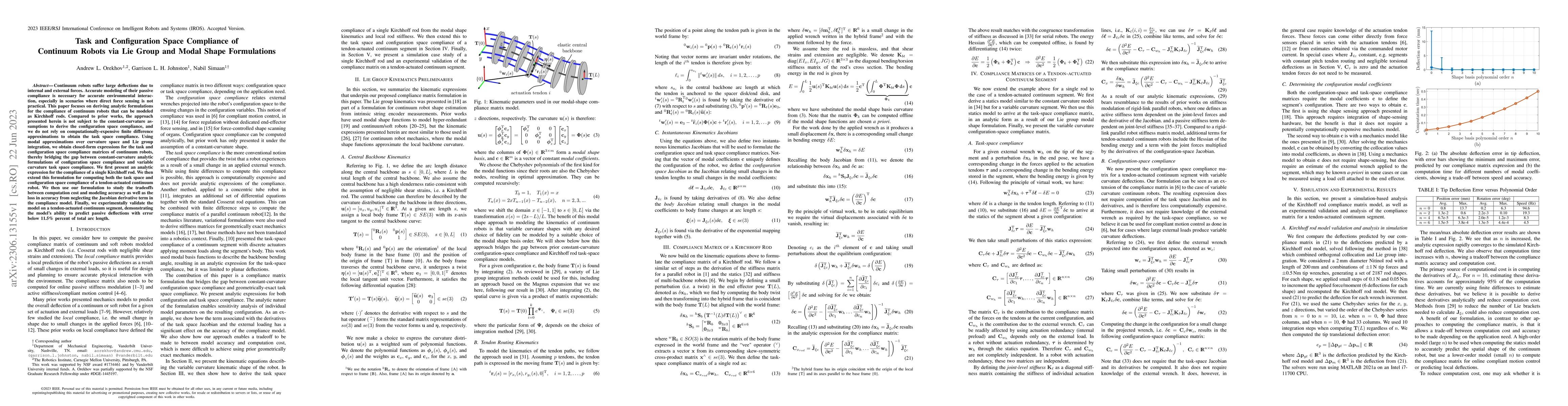 Thumbnail for Task and Configuration Space Compliance of Continuum Robots via Lie
  Group and Modal Shape Formulations