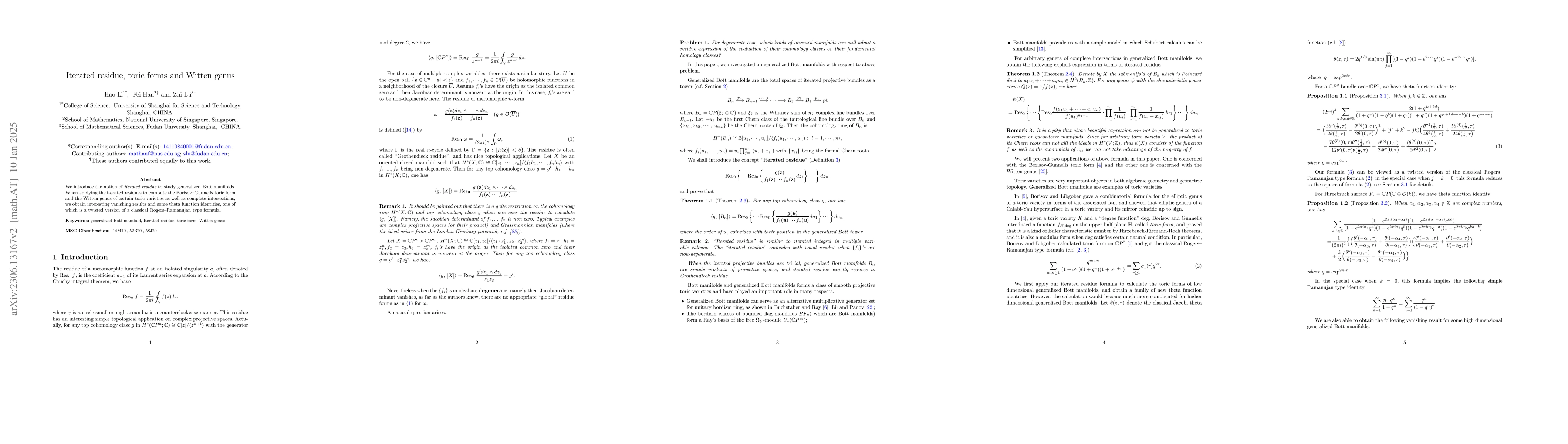 Thumbnail for Iterated residue, toric forms and Witten genus