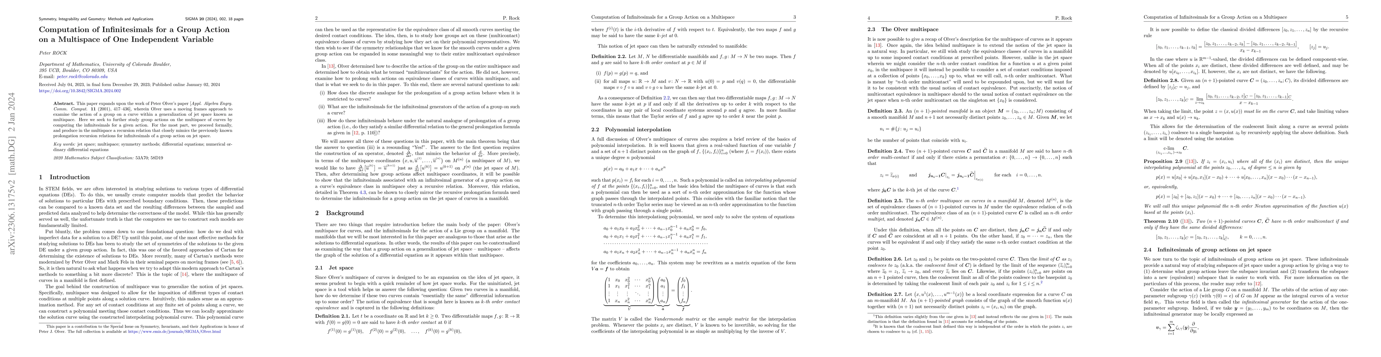 Thumbnail for Computation of Infinitesimals for a Group Action on a Multispace of One
  Independent Variable