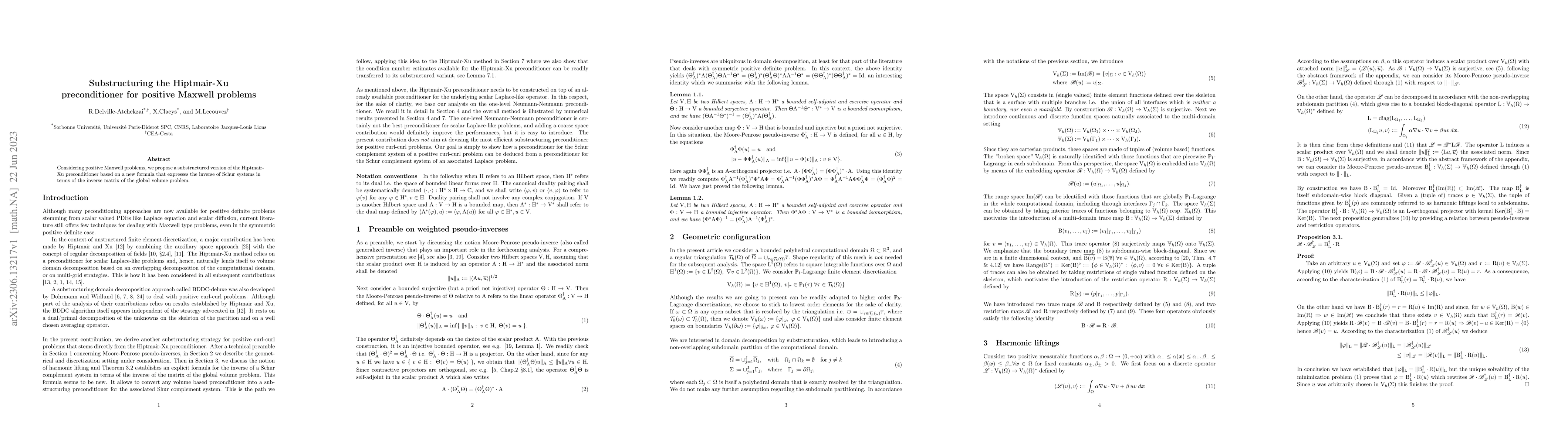 Thumbnail for Substructuring the Hiptmair-Xu preconditioner for positive Maxwell
  problems