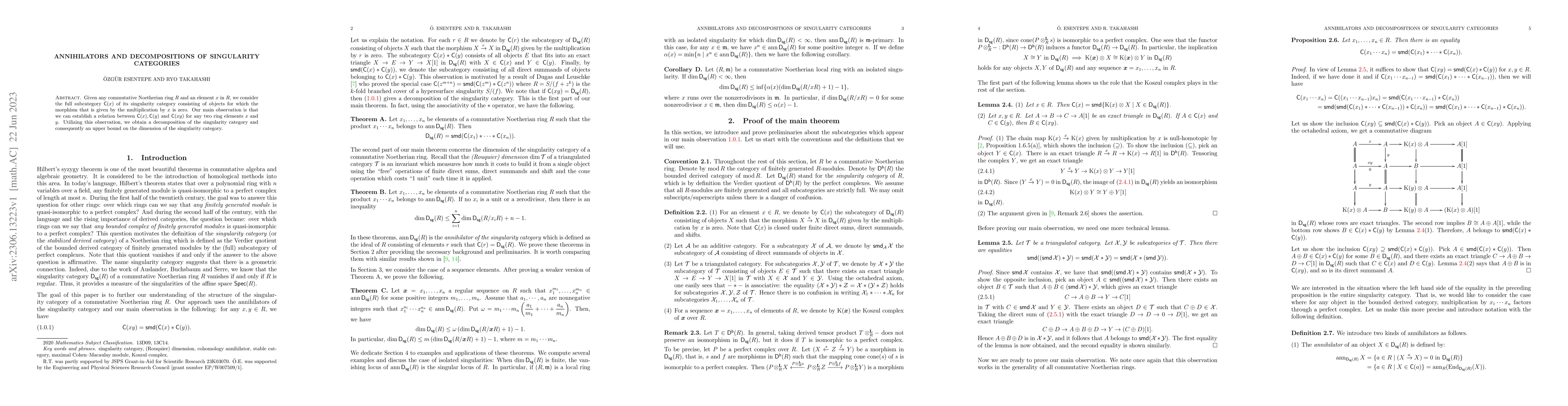 Thumbnail for Annihilators and decompositions of singularity categories