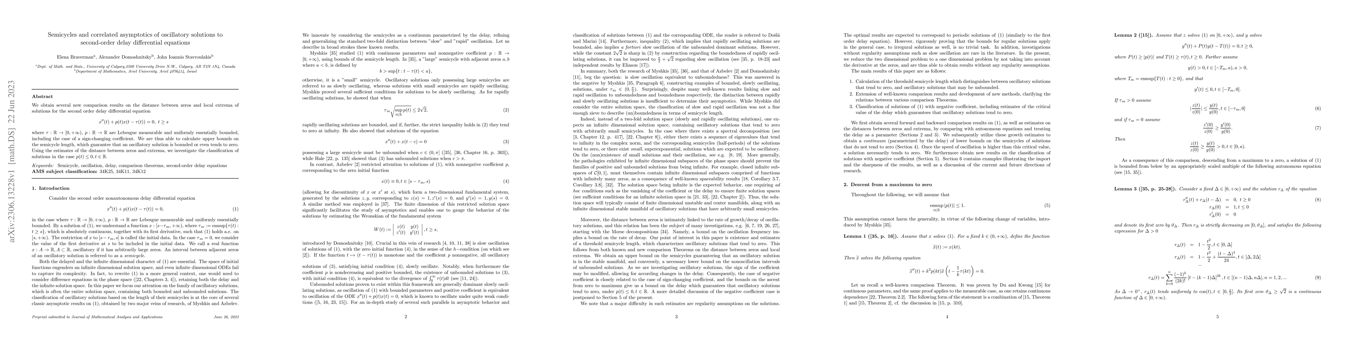 Thumbnail for Semicycles and correlated asymptotics of oscillatory solutions to
  second-order delay differential equations