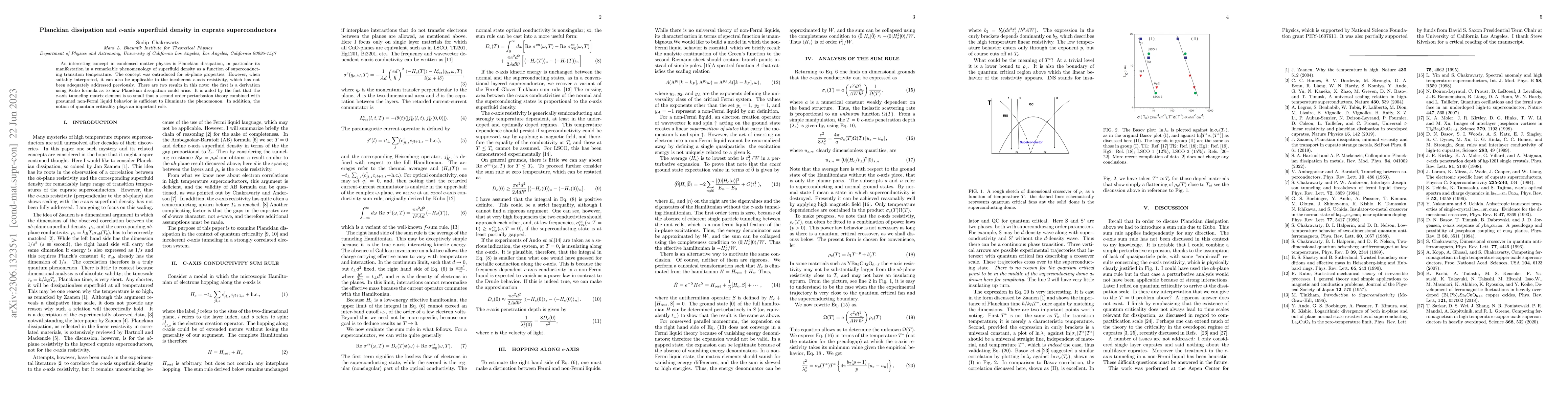 Thumbnail for Planckian dissipation and $c$-axis superfluid density in cuprate
  superconductors