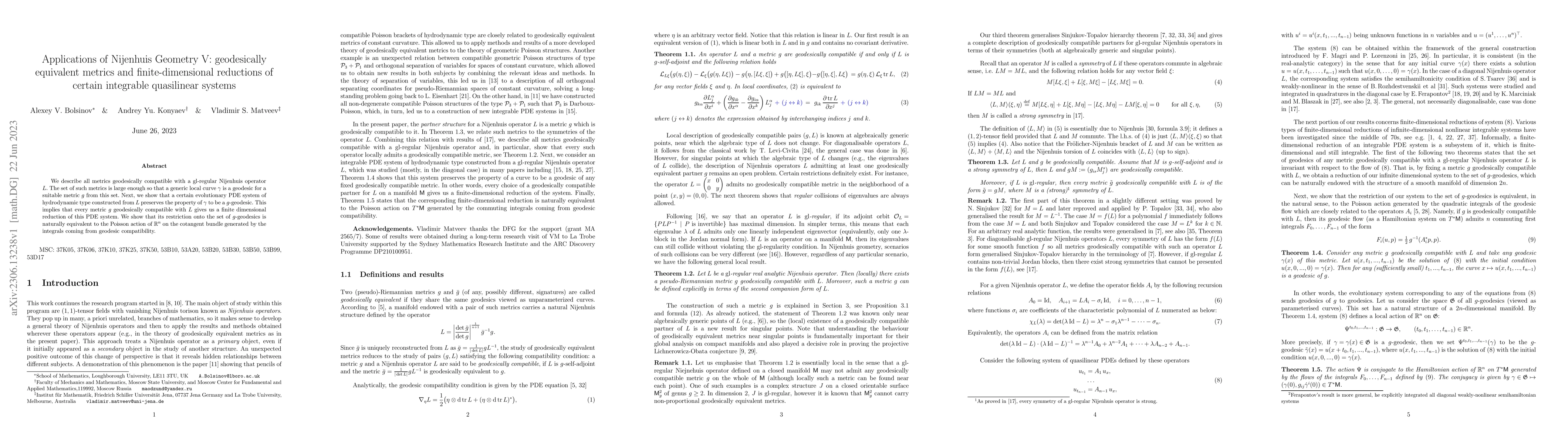 Thumbnail for Applications of Nijenhuis Geometry V: geodesically equivalent metrics
  and finite-dimensional reductions of certain integrable quasilinear systems
