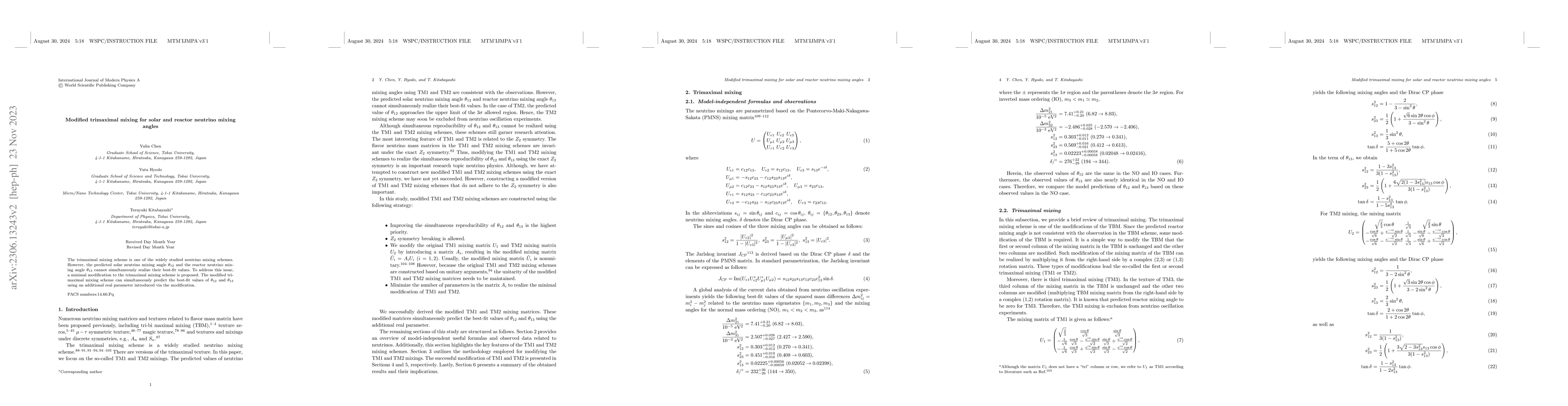 Thumbnail for Modified trimaximal mixing for solar and reactor neutrino mixing angles