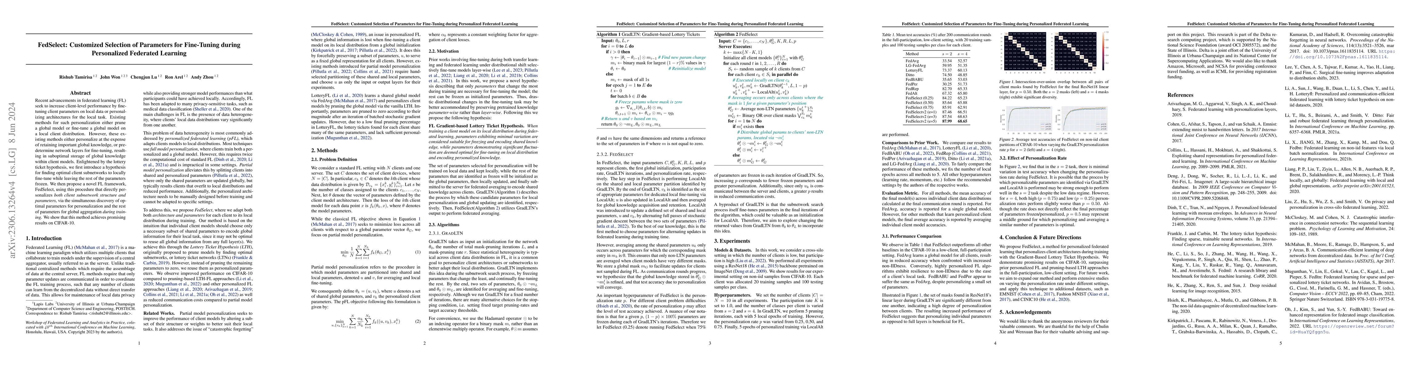 Thumbnail for FedSelect: Customized Selection of Parameters for Fine-Tuning during
  Personalized Federated Learning
