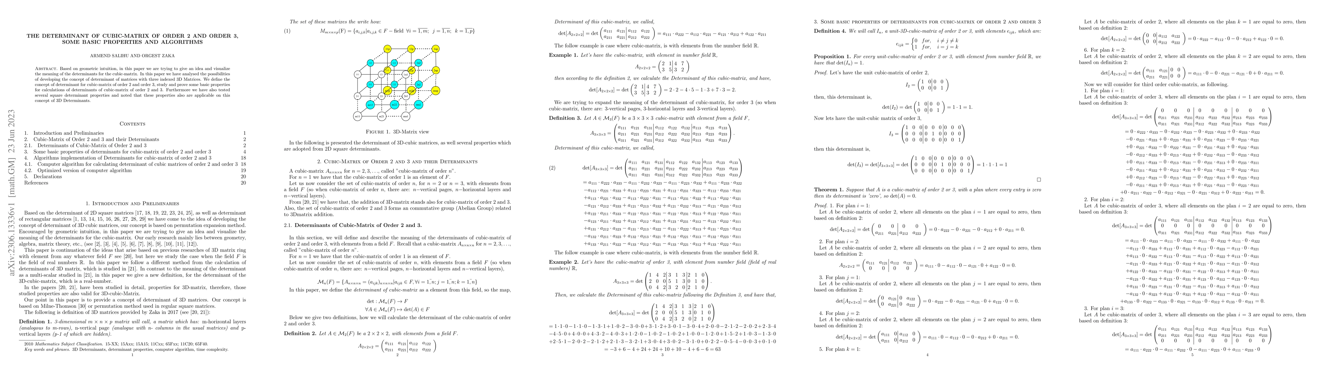 Thumbnail for The Determinant of Cubic-Matrix of order 2 and order 3: Some basic
  Properties and Algorithms