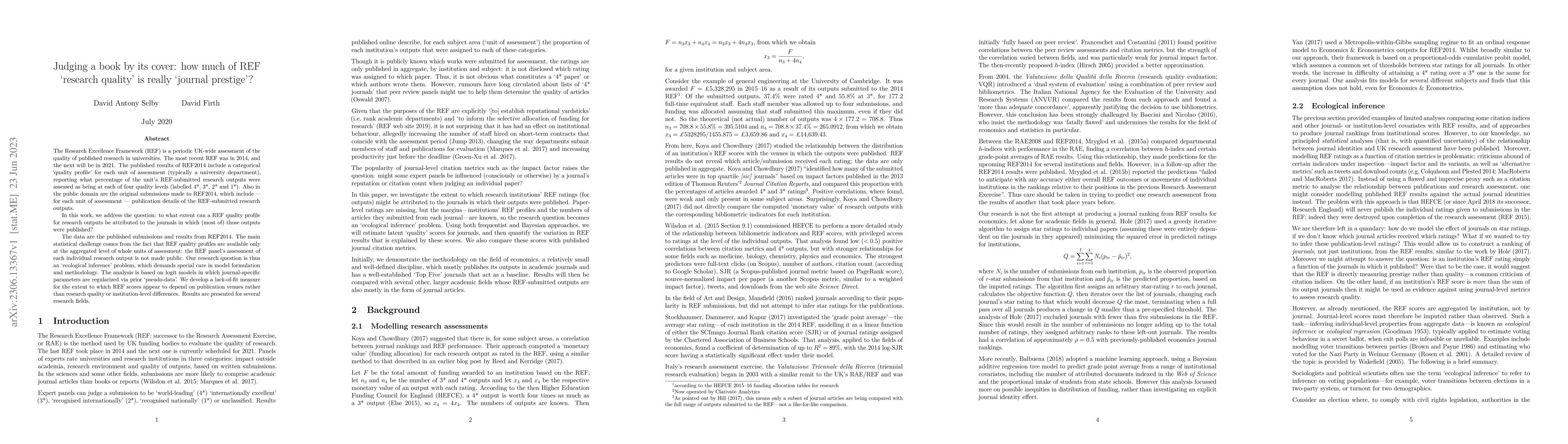 Thumbnail for Judging a book by its cover: how much of REF `research quality' is
  really `journal prestige'?