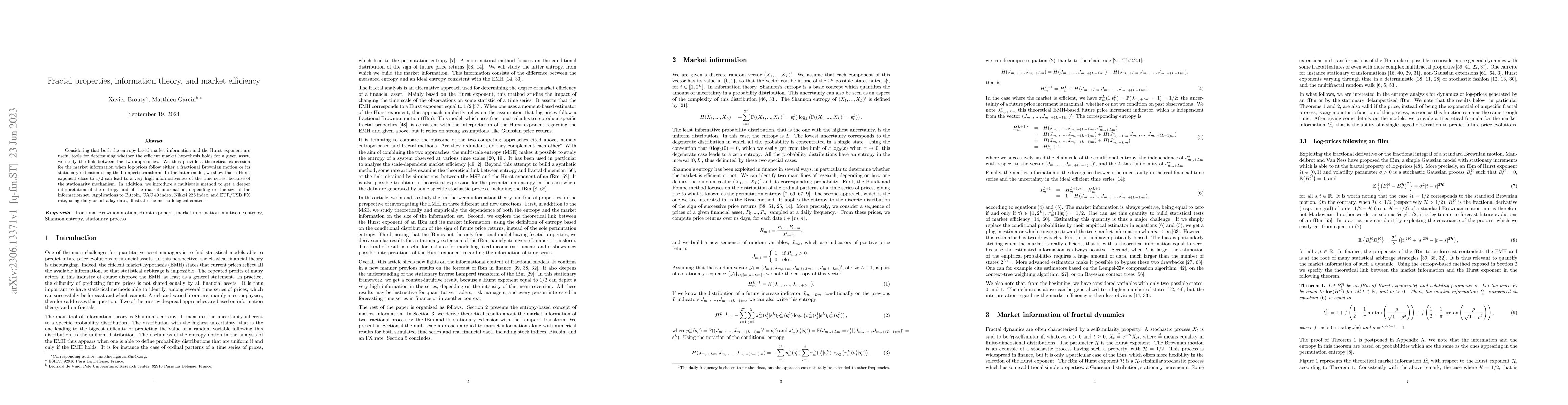 Thumbnail for Fractal properties, information theory, and market efficiency