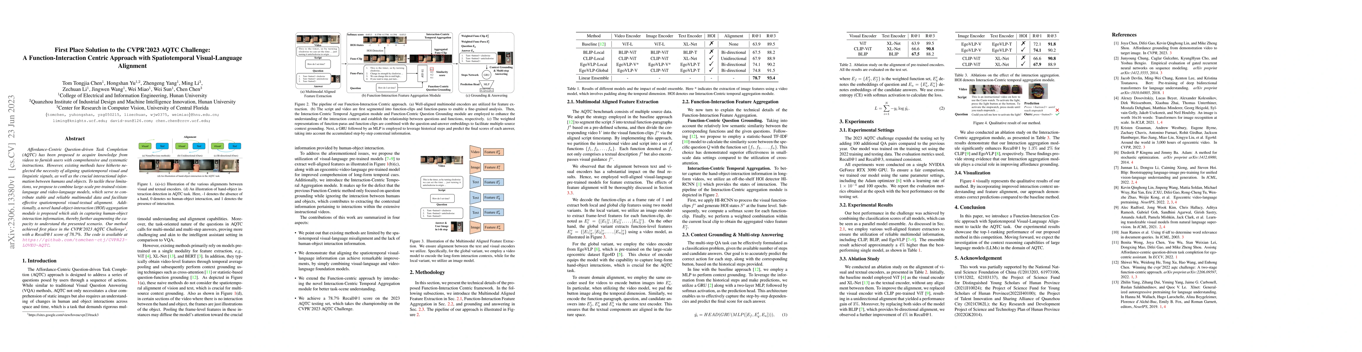 Thumbnail for First Place Solution to the CVPR'2023 AQTC Challenge: A
  Function-Interaction Centric Approach with Spatiotemporal Visual-Language
  Alignment