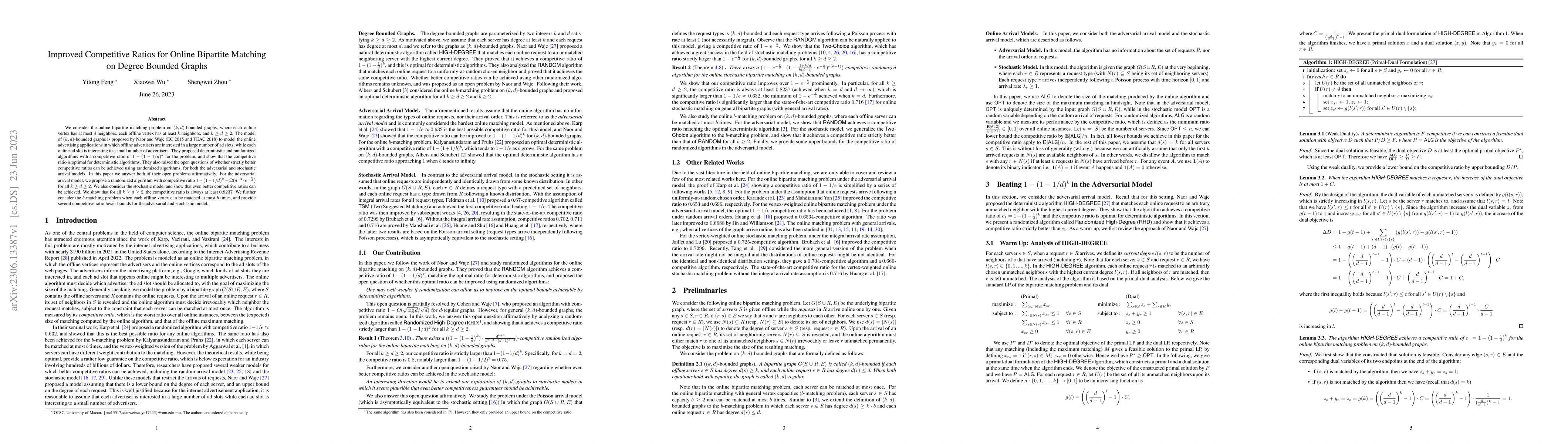 Thumbnail for Improved Competitive Ratios for Online Bipartite Matching on Degree
  Bounded Graphs