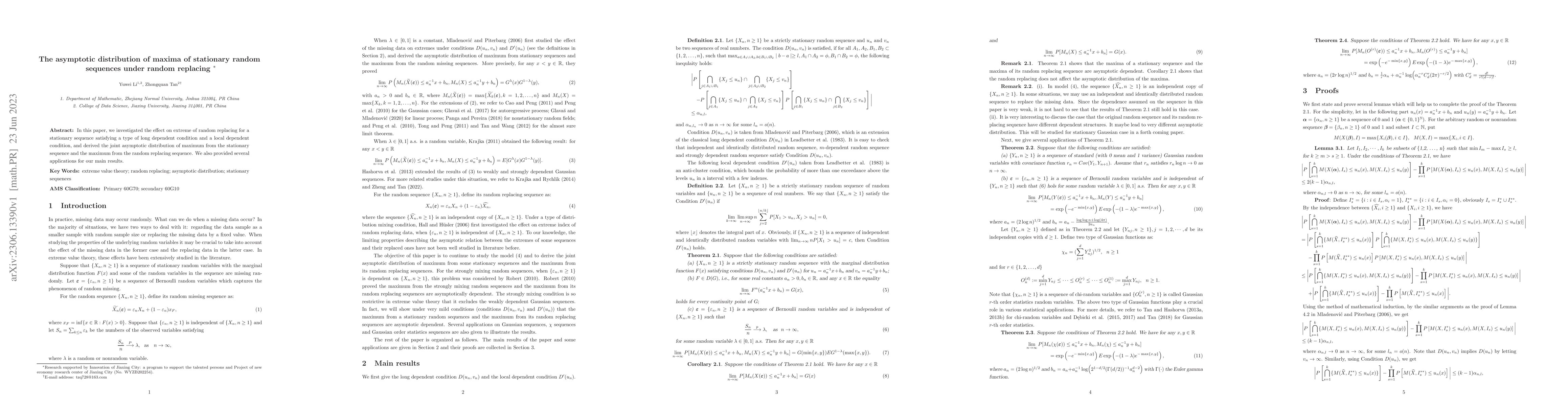 Thumbnail for The asymptotic distribution of maxima of stationary random sequences
  under random replacing