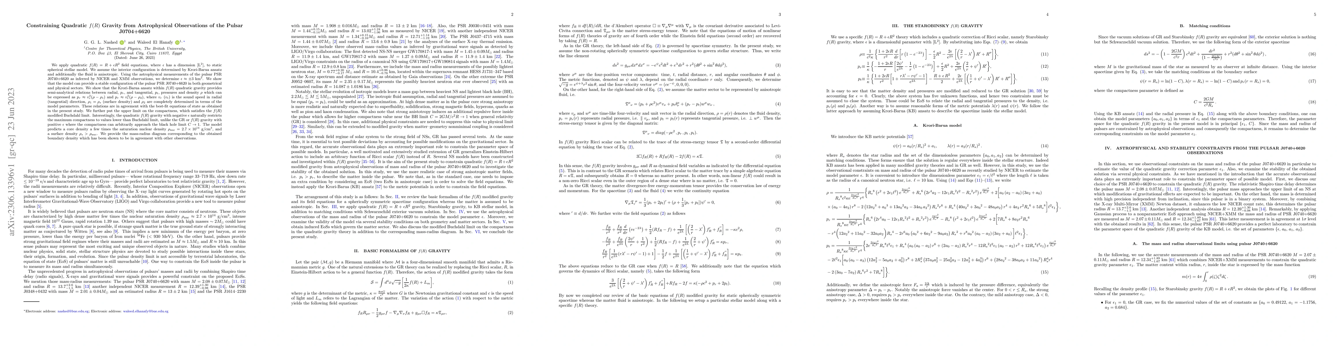 Thumbnail for Constraining Quadratic $f(R)$ Gravity from Astrophysical Observations of
  the Pulsar J0704+6620