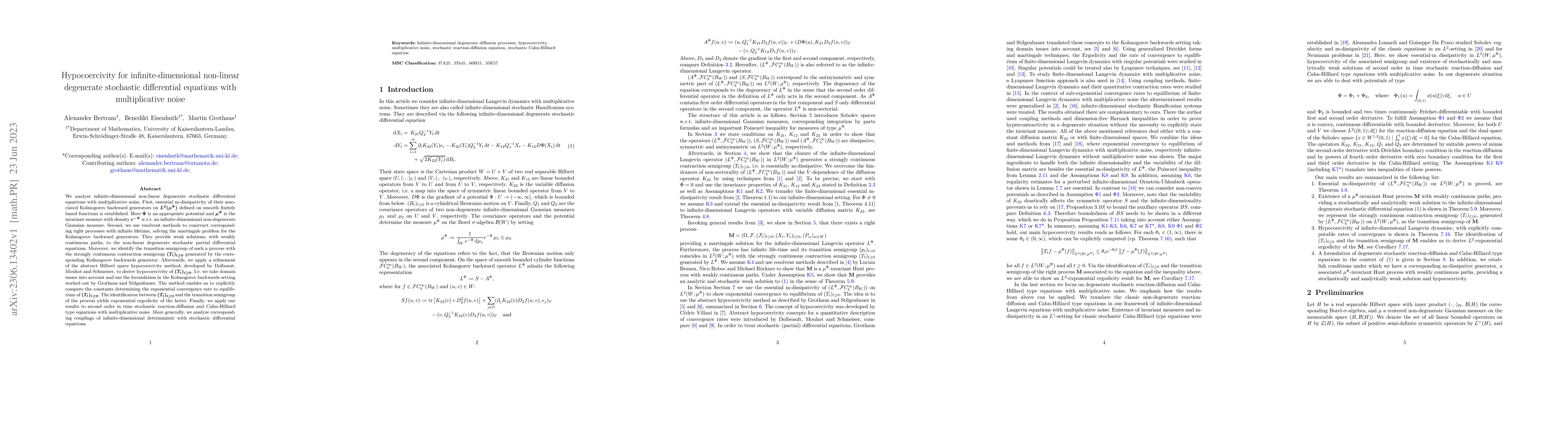 Thumbnail for Hypocoercivity for infinite-dimensional non-linear degenerate stochastic
  differential equations with multiplicative noise