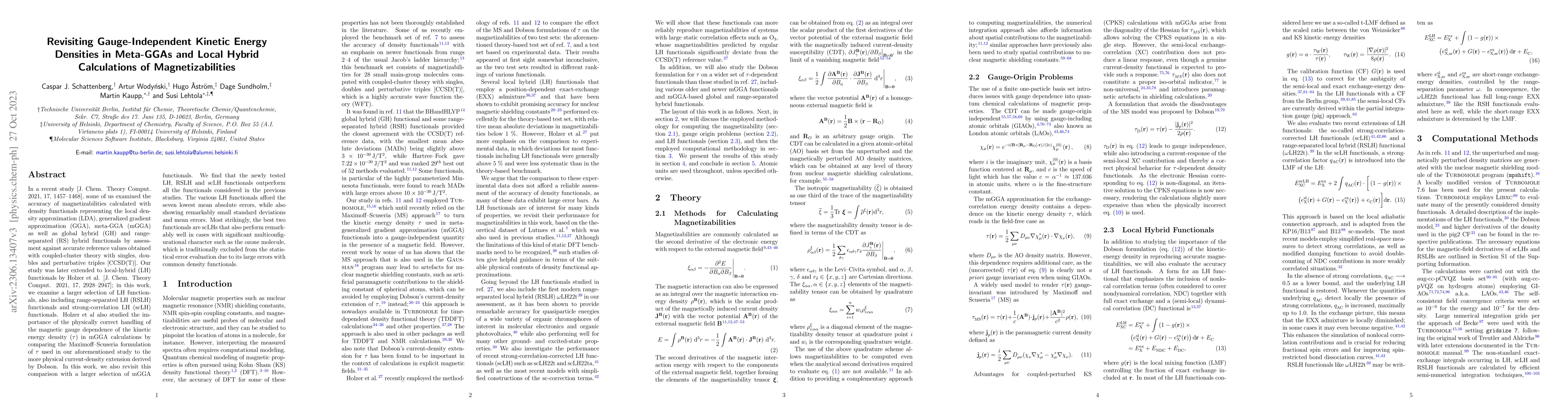 Thumbnail for Revisiting Gauge-Independent Kinetic Energy Densities in Meta-GGAs and
  Local Hybrid Calculations of Magnetizabilities