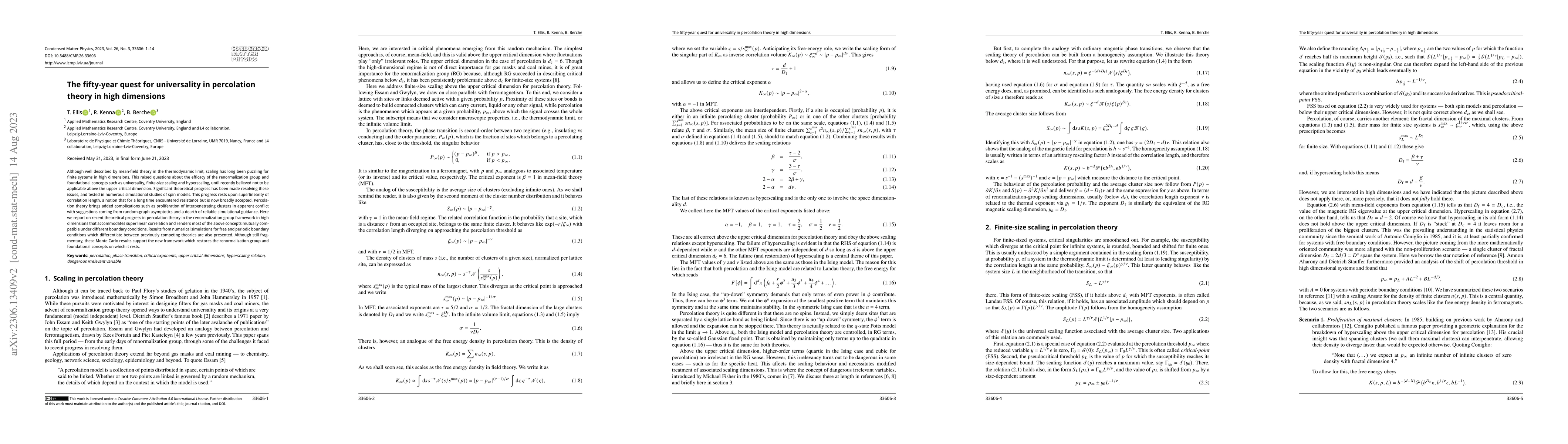 Thumbnail for The fifty-year quest for universality in percolation theory in high
  dimensions
